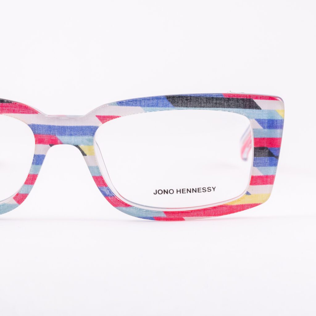kolorowe okulary damskie Jono Hennessy protokątne wyraziste designerskie