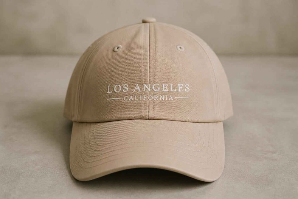 Beżowa czapka z daszkiem z napisem Los Angeles California na przodzie