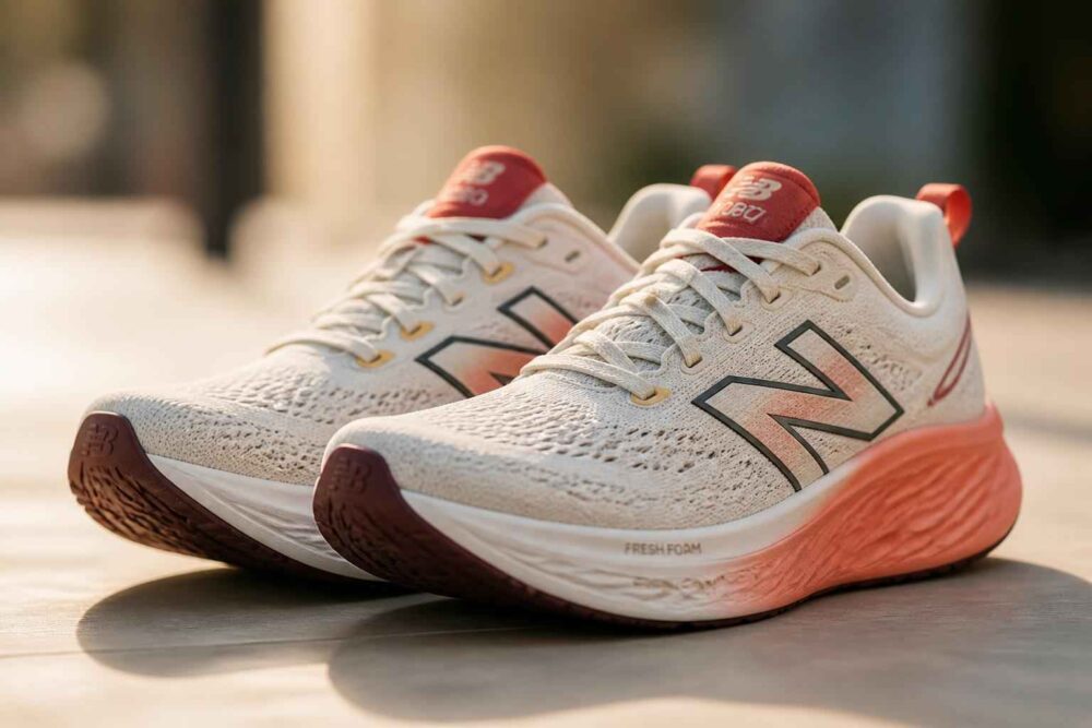 Para białych butów sportowych New Balance z czerwonymi podeszwami na drewnianej powierzchni