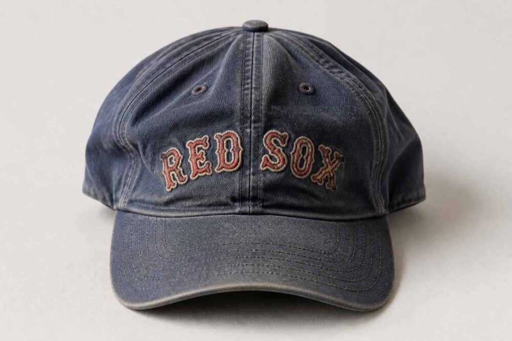 Granatowa skórzana czapka z daszkiem i haftem Red Sox na jasnym tle