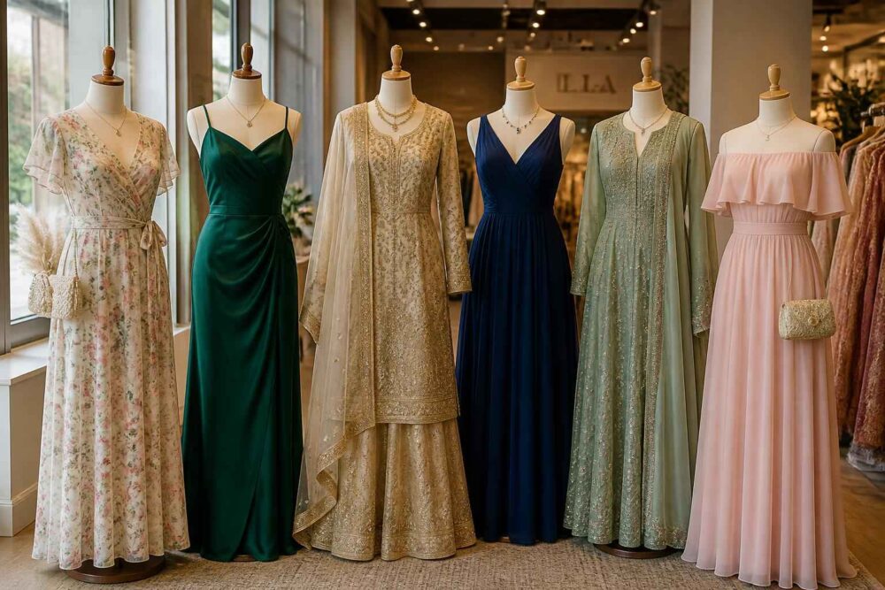 Sześć eleganckich sukien wieczorowych prezentowanych na manekinach w jasnym wnętrzu butiku