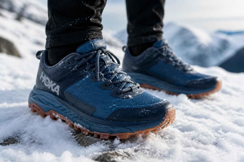 Niebieskie buty trekkingowe z kolcami podczas spaceru po zaśnieżonym terenie
