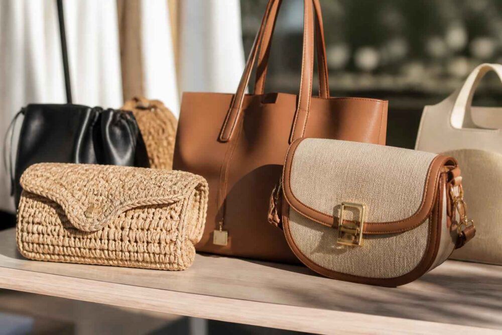 Stylowe torebki na drewnianej półce Pleciona kopertówka, brązowa shopperka i beżowa listonoszka na drewnianej półce