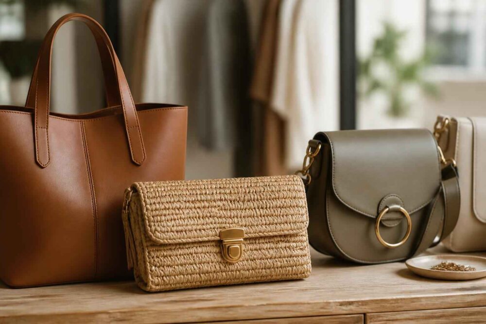 Brązowa torba shopper, pleciona kopertówka i oliwkowa torebka na drewnianym stole